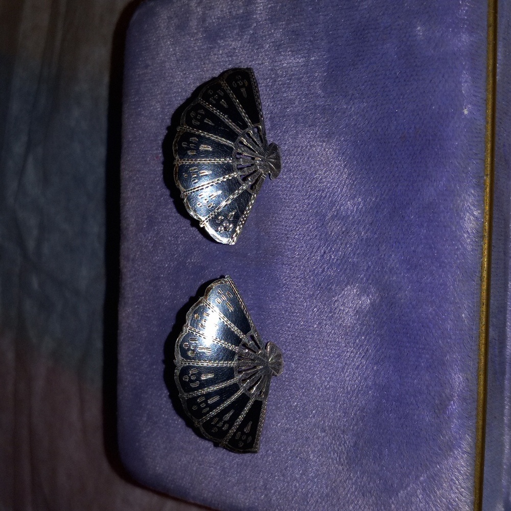 925 Sterling Silver Siam Niello Fan Earrings 1" 6.38g Vintage Screw Back Clip On